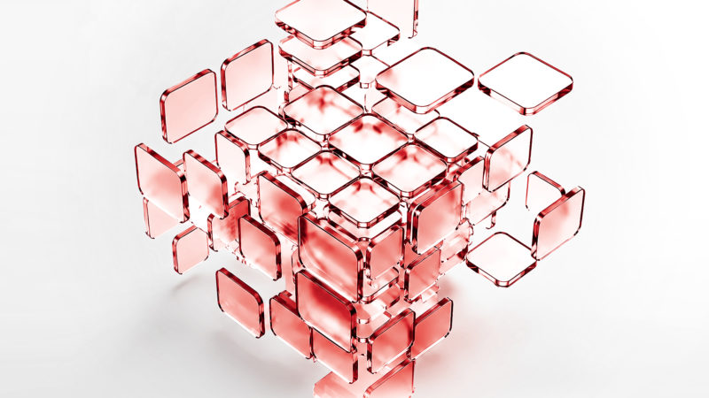 Abstract red glass panels forming a box